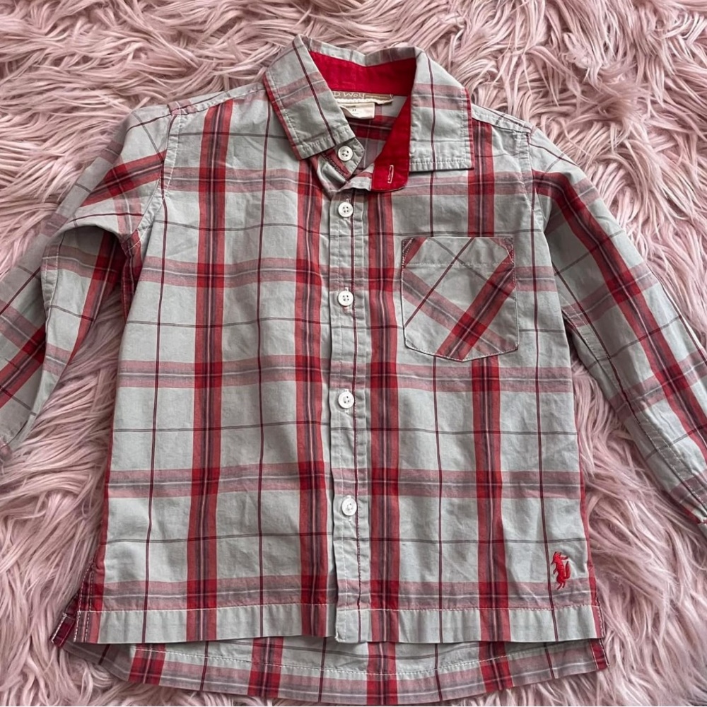 Well Dressed Wolf Red and Gray Plaid Button up Santa and sage